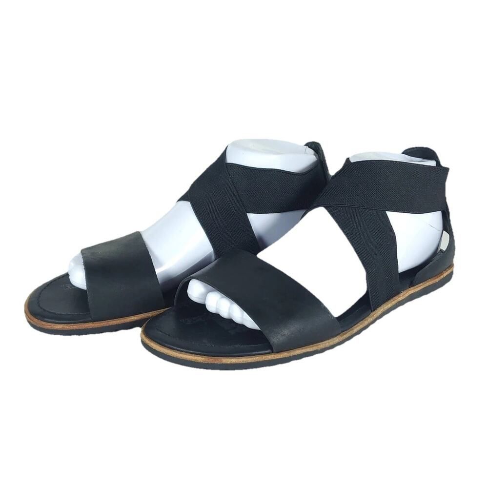 Sorel Women's Ella II US9,5 Black Leather Crisscross Strap Flat Sandals Shoes